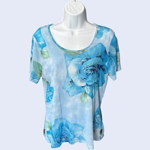 Blushe Impressions blue rose mesh double-layer rhinestone top scoop neck XL Y2K